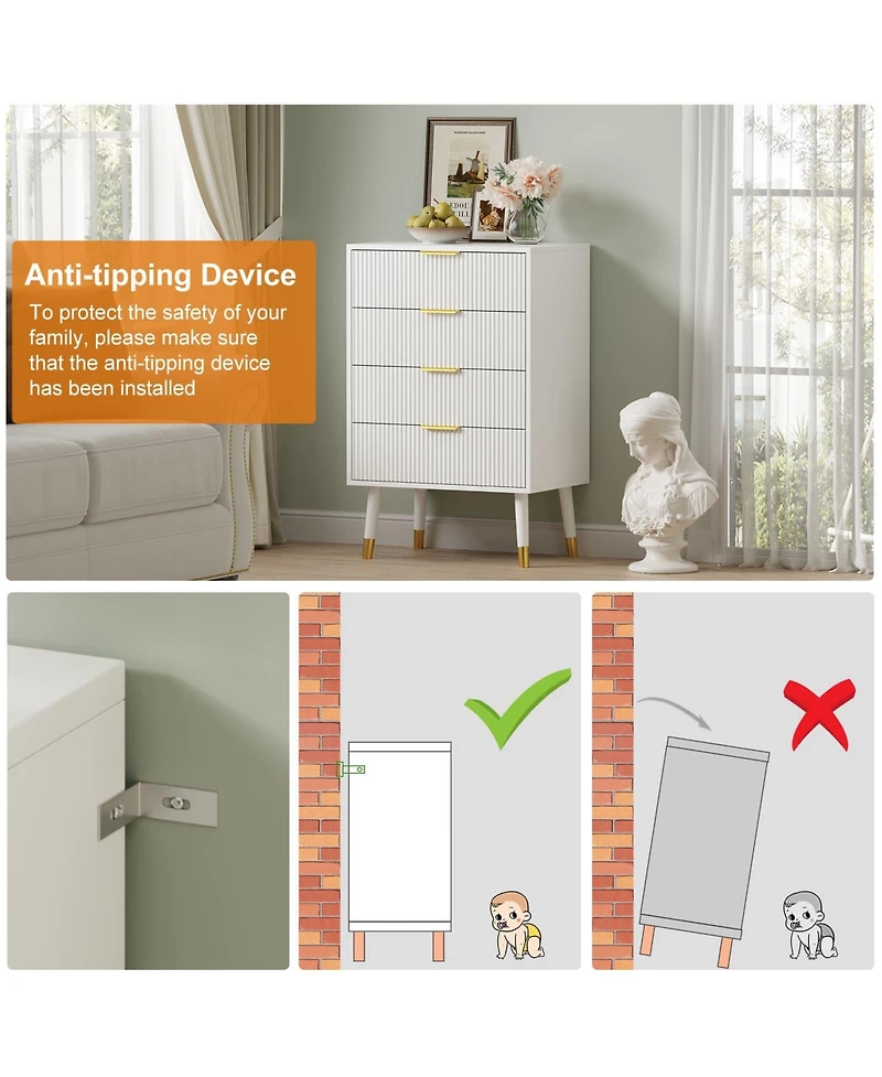 gaomon 4-Drawer White Wood Dresser, Storage Chest Cabinet Organizer for Bedroom, Living Room, Hallway