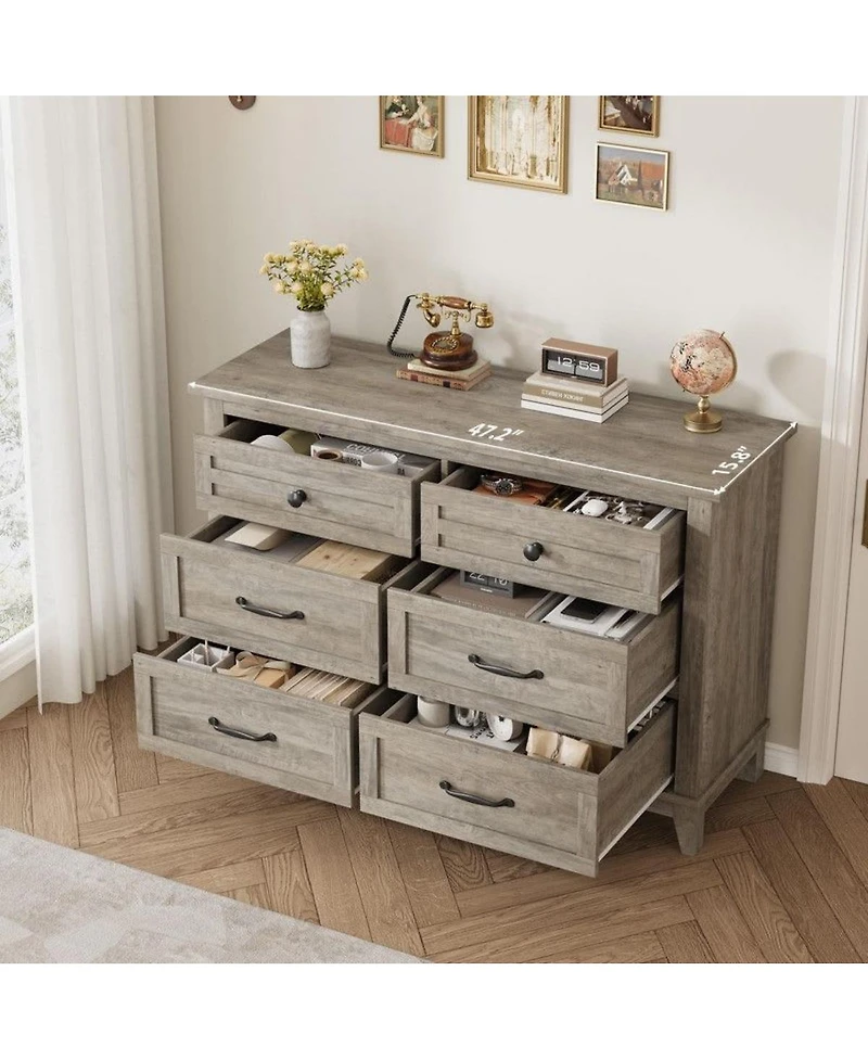 gaomon 6-Drawer Modern Wooden Dresser, 47" Wide Storage Chest, Freestanding Closet Organizer for Bedroom