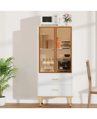 gaomon Fluted Storage Cabinet with Glass Door, 2 Drawers, Modern Pantry with Adjustable Shelves for Collectibles, Living Room, Office, White