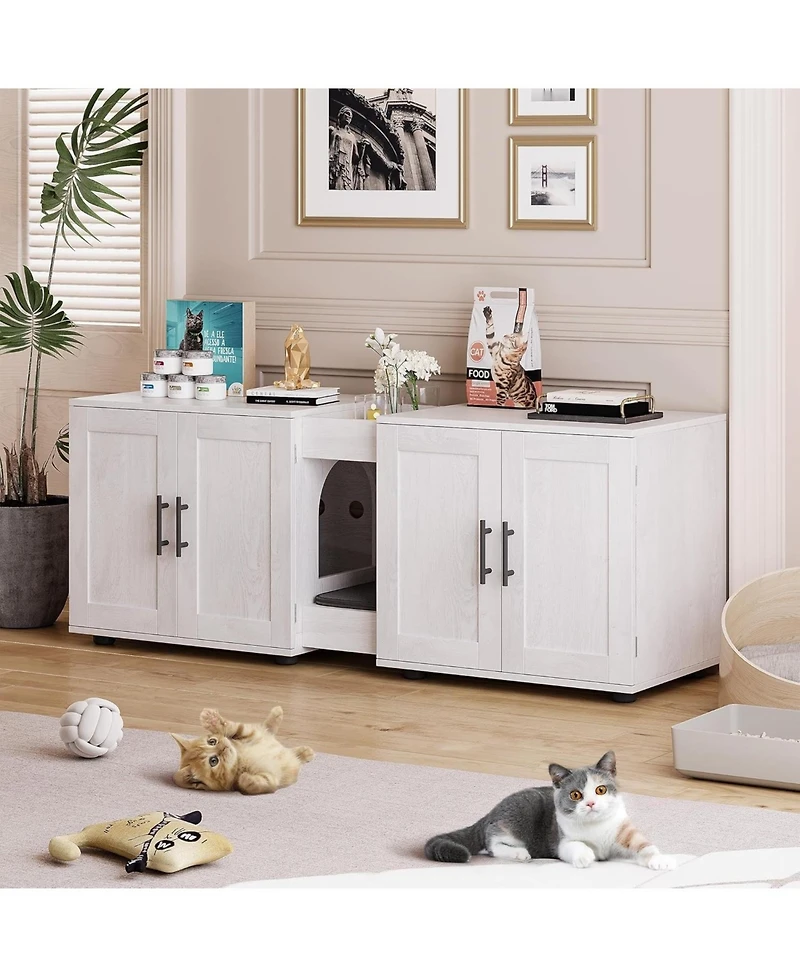 gaomon Double Room Cat Litter Cabinet, Stylish Storage Litter Box Enclosure for Two Cats, Cat Mat, Organizer, White