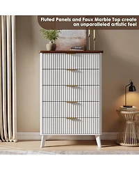 gaomon Fluted Dresser for Bedroom with 5 Deep Drawers, 47in Tall Chest of Drawers with Faux Marble Top, Curved Profile Design, White with Walnut Top