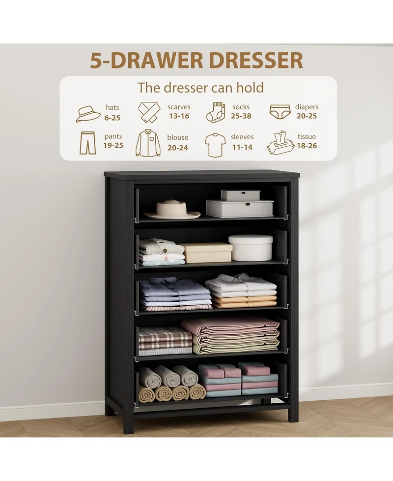 gaomon 5-Drawer Black Tall Dresser, 45" Wooden Chest, Clothes Storage Cabinet, Drawer Organizer for Bedroom, Living Room