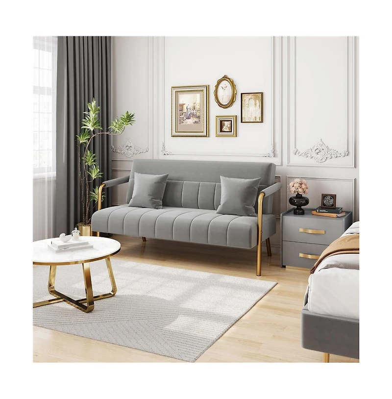 Yaheetech 56.5 W Upholstered Sofa Couch with Gold-tone Metal Arms and Legs