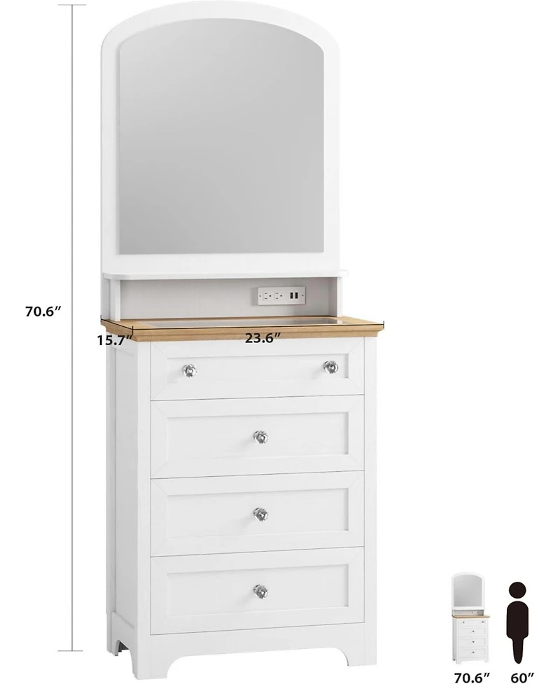 gaomon 4-Drawer Charge Station, Led Strip, Crystal Knobs, Modern Vanity Cabinet Dresser with Mirror