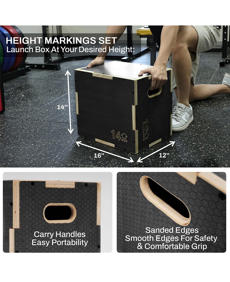 Signature Fitness 16" x 14" x 12" Wooden Plyo Box Non-Slip Jump Platform, Gray