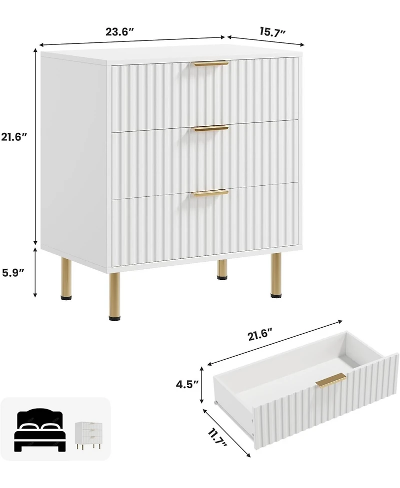 gaomon 3-Drawer Modern Fluted White Dresser, Stylish Nightstand with Deep Drawers, Wide Top, Organizer for Bedroom, Living Room, Kids Room