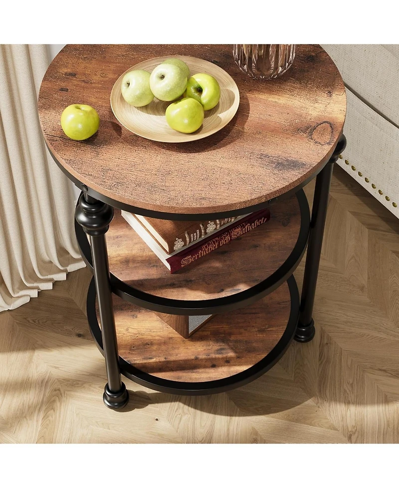 gaomon Round 3-Tier Side Table with Shelves, Small Space Coffee Table, High Load Capacity, Easy Assembly, Vintage Brown