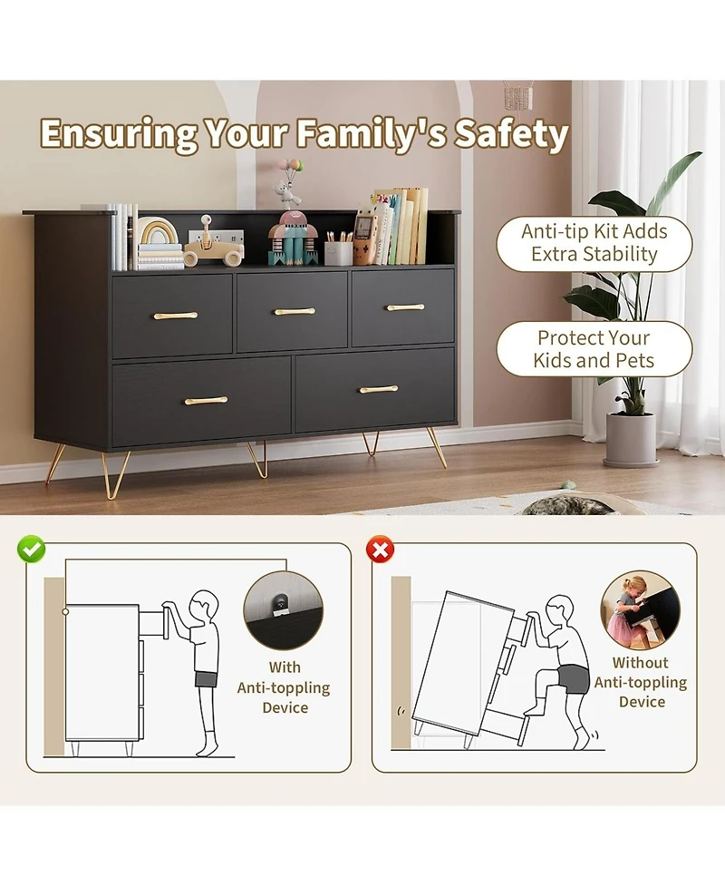 gaomon Dresser for Bedroom with 5 Drawers Led Lights, 47inch Wide Chest of Drawers with Charging Station, Freestanding Storage Organizer, Black