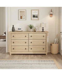 gaomon 6-Drawer Modern Wood Dresser with Golden Ring Pull Handles, Wide Storage Cabinet for Living Room, Entryway, Oak Finish
