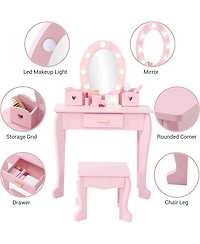 gaomon Kids Vanity with Lighted Mirror, Toddler Vanity Table and Chair Set, Makeup Playset for Girls, Pink