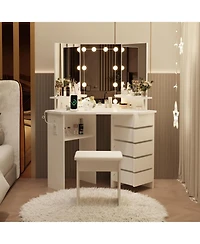 gaomon Corner Makeup Vanity Desk with Lights, Power Outlet, Rotating Drawers, Adjustable Brightness, Stool