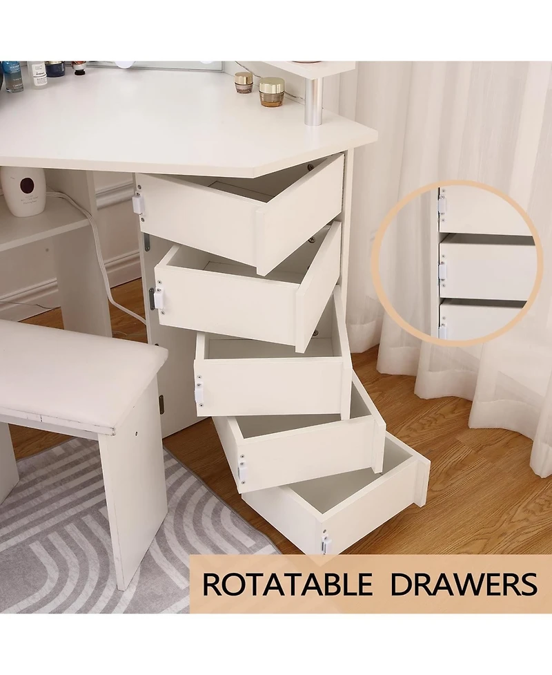 gaomon Corner Makeup Vanity Desk with Lights, Power Outlet, Rotating Drawers, Adjustable Brightness, Stool