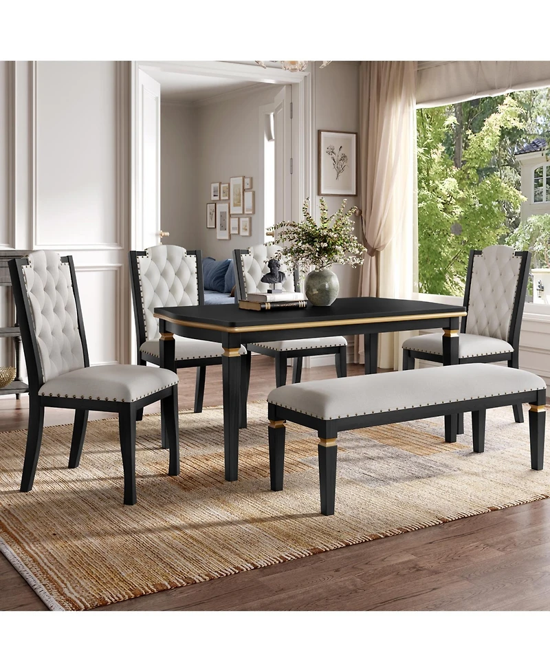 Streamdale Furniture 6-Piece Dining Table Set- 60" Table, 4 Tufted Chairs & Bench (Black)