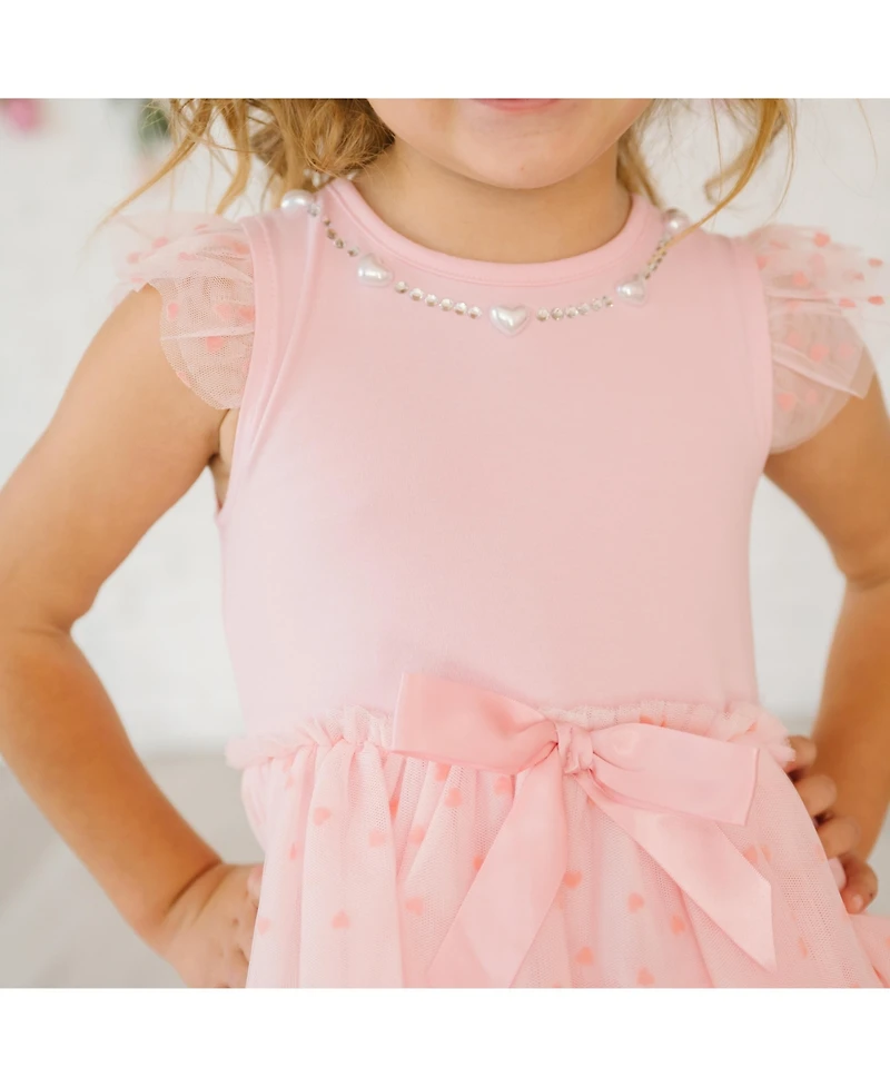 Sweet Wink Little Girls Flocked Heart Valentine's Day Tiered Short Sleeve Tutu Dress