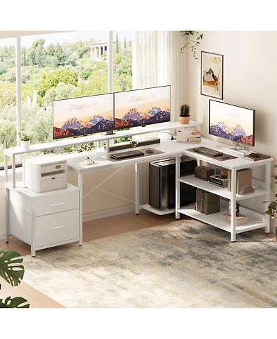 Aheaplus 72.8" L Shaped Desk with File Drawer, Reversible Computer Power Outlet, Led Strip, Monitor Stand & Storage Shelves