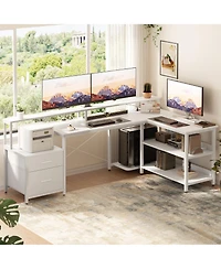 Aheaplus 72.8" L Shaped Desk with File Drawer, Reversible Computer Power Outlet, Led Strip, Monitor Stand & Storage Shelves