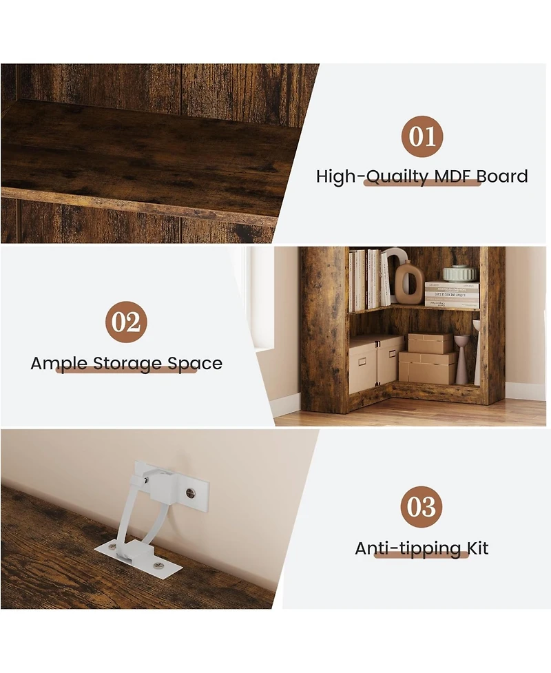 gaomon 5-Tier Farmhouse Corner Bookcase, 71.8" L-Shaped Brown Display Shelf with Storage, Living Room, Home Office