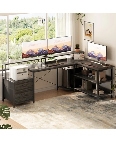 Aheaplus 72.8" L Shaped Desk with File Drawer, Reversible Computer Power Outlet, Led Strip, Monitor Stand & Storage Shelves
