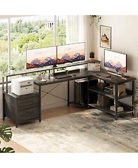 Aheaplus 72.8" L Shaped Desk with File Drawer, Reversible Computer Power Outlet, Led Strip, Monitor Stand & Storage Shelves
