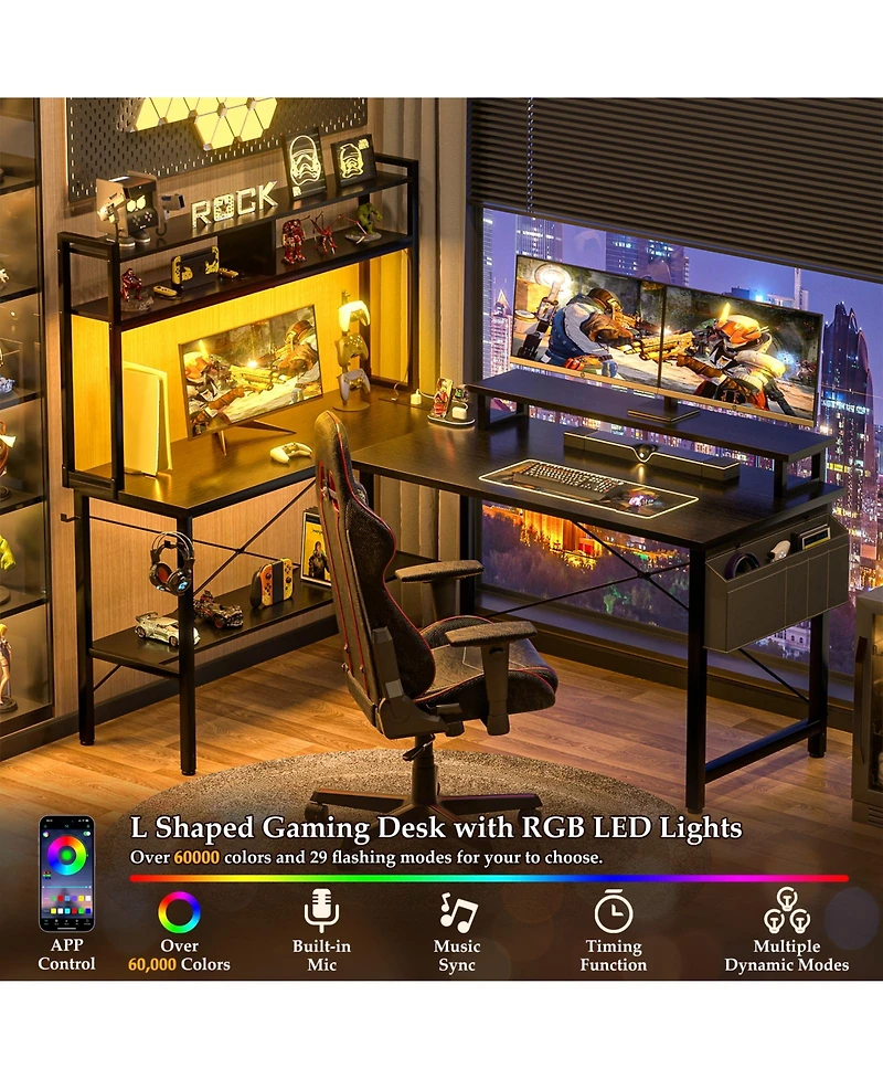 Aheaplus 49'' Reversible L Shaped Gaming Desk with Power Outlet and Led Lights, Corner Hutch & Monitor Stand