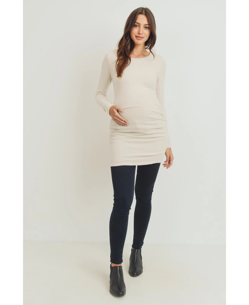 Hello Miz Maternity Long Sleeve Crew Neck Side Ruching Knit Top