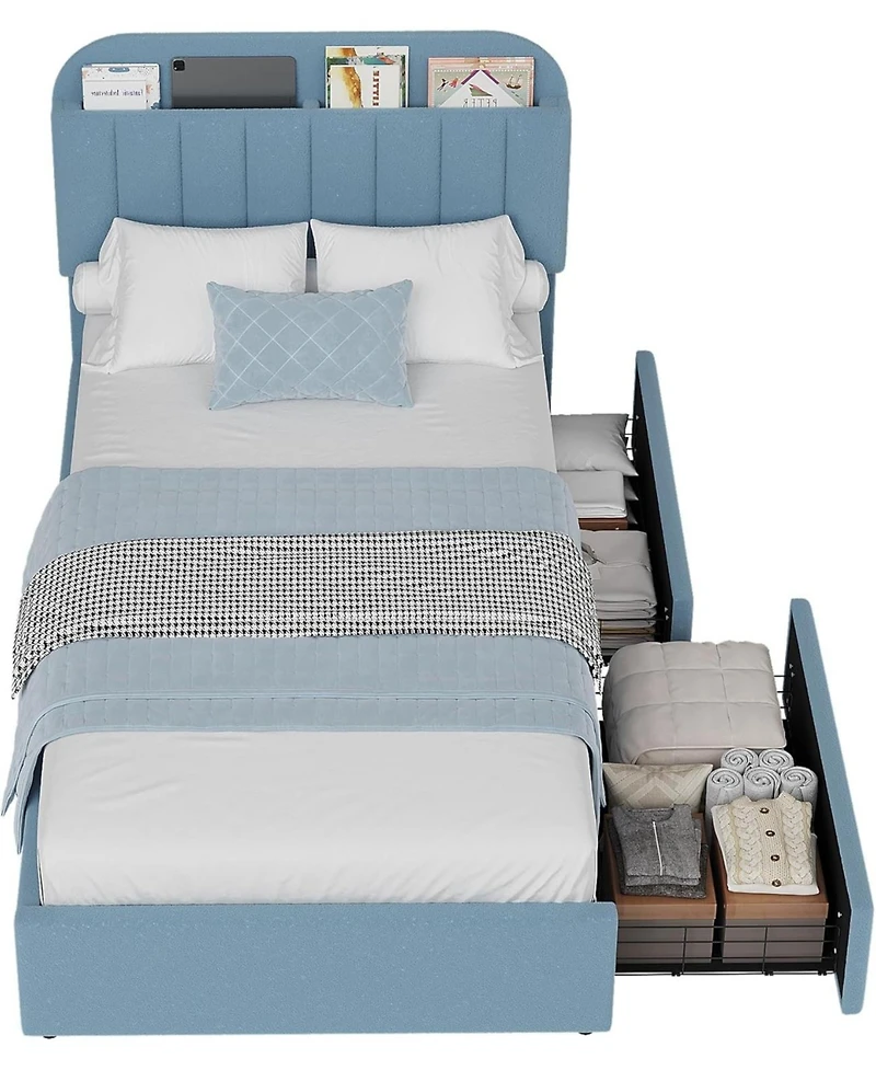 gaomon Boucle Storage Bed with Built-In Bookcase, 2 Drawers, Sturdy Frame