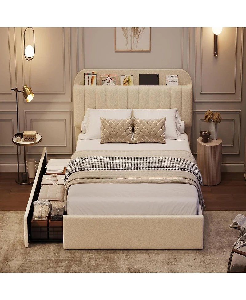 gaomon Boucle Storage Bed with Built-In Bookcase, 2 Drawers, Sturdy Frame, No Box Spring Required