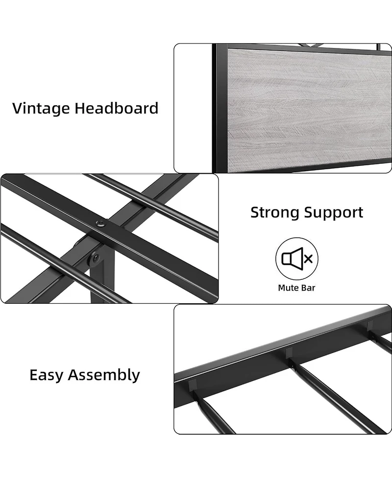 gaomon Bed Frame with Headboard, Industrial Platform Bed Frame with 14 Strong Metal Slats Support, 11'' Under-Bed Storage, No Noise, Easy Assembly