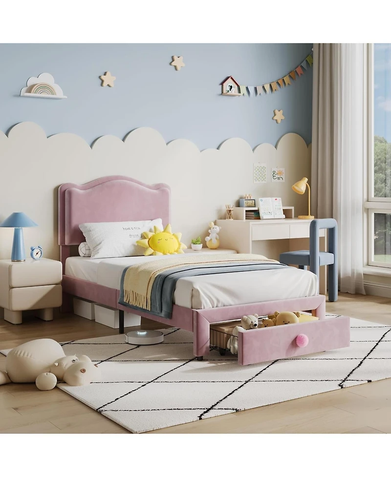 gaomon Twin Size Upholstered Kids Bed Frame, Toddler Platform, Headboard & Storage Drawer, Strong Wood Slats, Pink