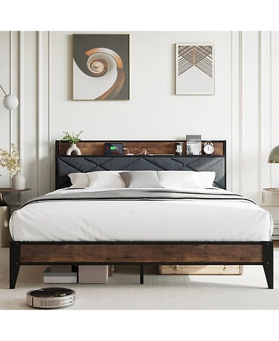 gaomon Mdf Platform Bed Frame 11” Storage Charging Port Upholstered Wingback Headboard Grey