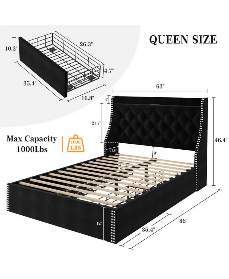gaomon Queen Bed Frame Black Upholstered 4 Storage Drawers Wingback Headboard Charging Station Button Tufted