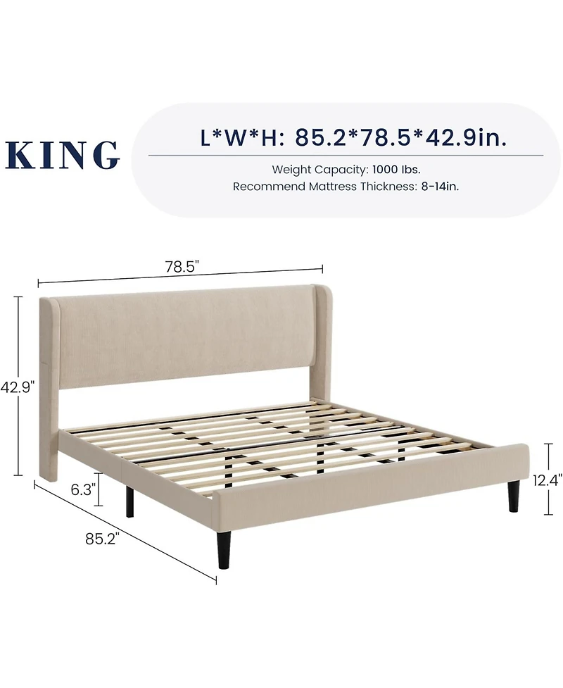 gaomon King Size Bed Frame Velvet Upholstery Platform Wingback Headboard