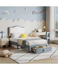 gaomon Twin Size Upholstered Bed Frame with 2 Drawers, Double Wavy Headboard, Princess Platform for Girls