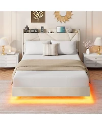 gaomon Full Size Floating Bed Frame, Suspended Bed with Rgb Led Lights and Charging Station