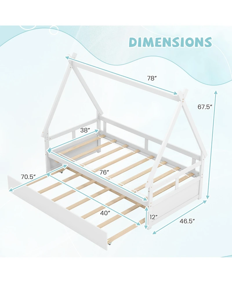 Gymax Twin Size House Bed w/ Trundle Roof & Safety Guardrail Wood Slat Support