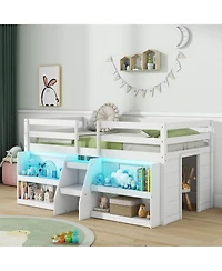 Gymax Twin Loft Bed w/ Led Lights Staircase & Safety Guardrail Under-bed Storage