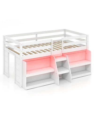 Gymax Twin Loft Bed w/ Led Lights Staircase & Safety Guardrail Under-bed Storage