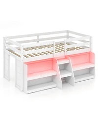 Gymax Twin Loft Bed w/ Led Lights Staircase & Safety Guardrail Under-bed Storage