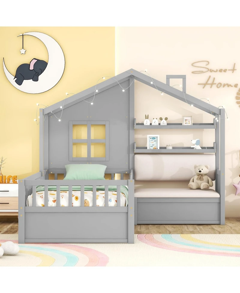 Streamdale Furniture Twin Pinewood House Bed with Linen Sofa, Drawers and Storage Shelf