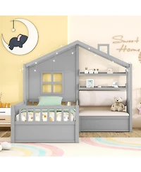 Streamdale Furniture Twin Pinewood House Bed with Linen Sofa, Drawers and Storage Shelf