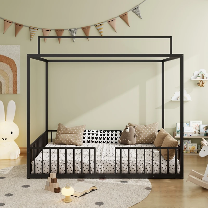 Streamdale Furniture 3-in-1 Convertible Montessori Metal Floor Bed, Fenced Toddler Bed, Canopy Platform