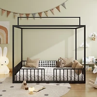 Streamdale Furniture 3-in-1 Convertible Montessori Metal Floor Bed, Fenced Toddler Bed, Canopy Platform