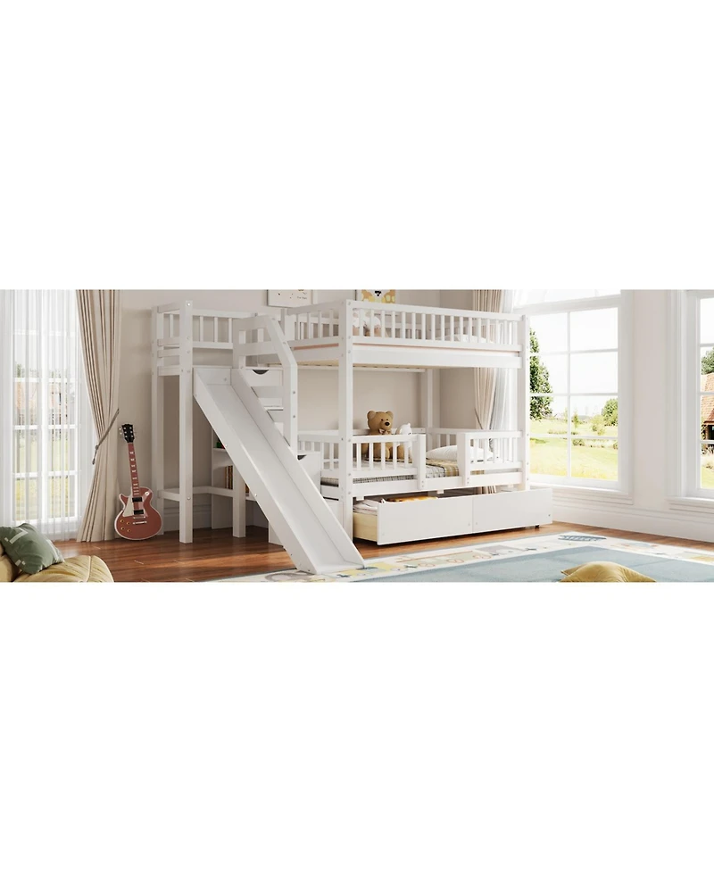 Streamdale Furniture Twin over Twin Bunk Bed w/ Storage Stairs, Slide, 2 Drawers, Walnut