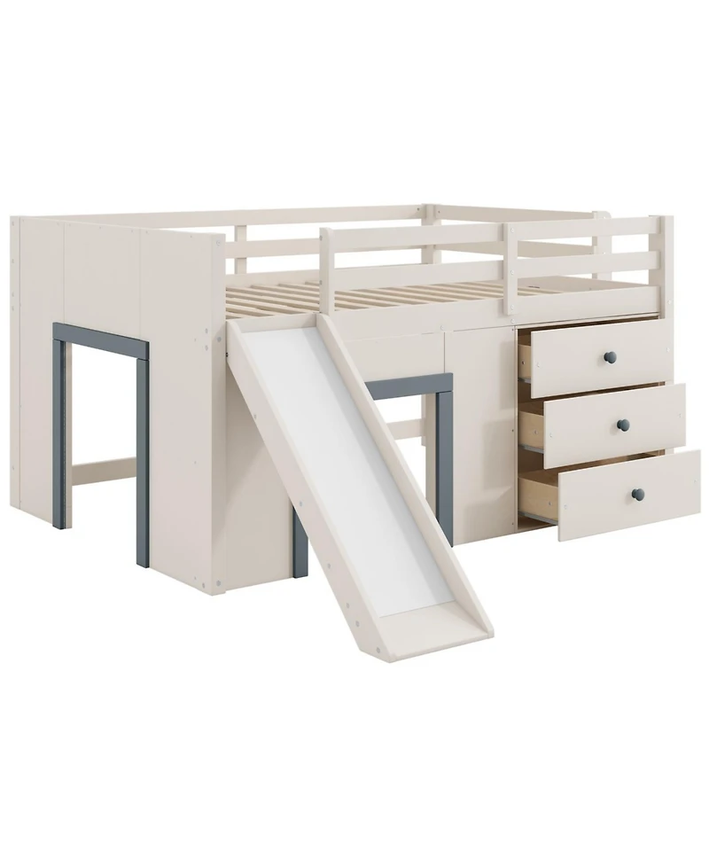 Streamdale Furniture Full Size Low Loft Bed with Slide, Storage Drawers, and Doors