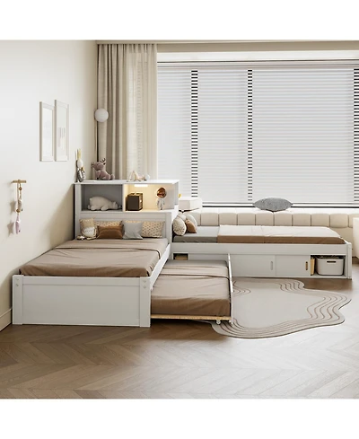 Streamdale Twin L-Shaped Platform Bed with Storage, Desk, Trundle & Led
