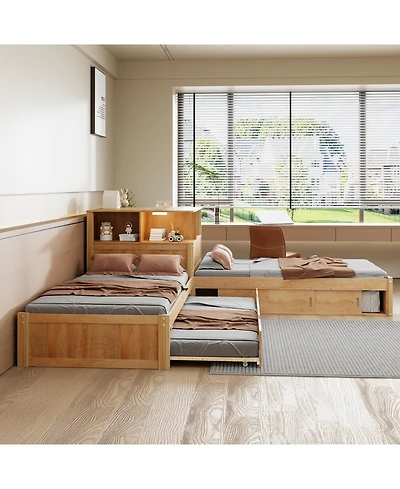 Streamdale Twin L-Shaped Platform Bed with Storage, Desk, Trundle & Led
