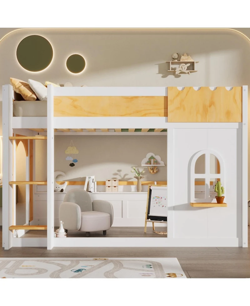 Streamdale Furniture Twin Bunk Bed with Storage, Window, Doors, White+Natural