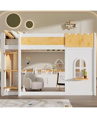 Streamdale Furniture Twin Bunk Bed with Storage, Window, Doors, White+Natural