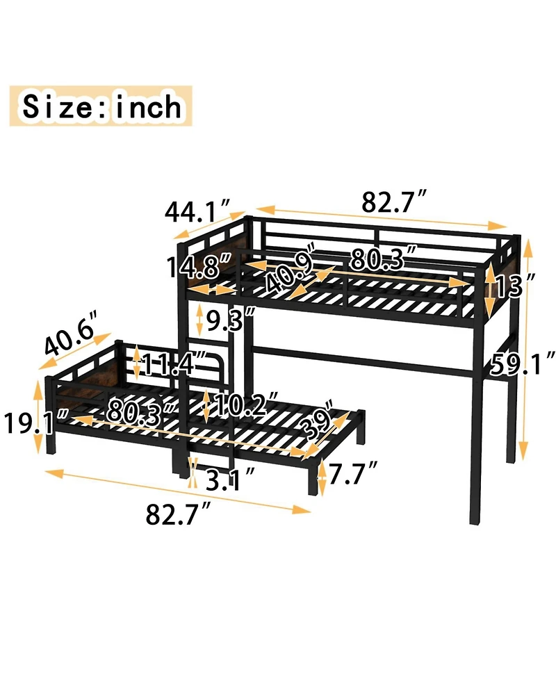 Streamdale Furniture Streamdale Twin Xl over Twin Xl Metal Bunk Bed/Loft Bed with Fence