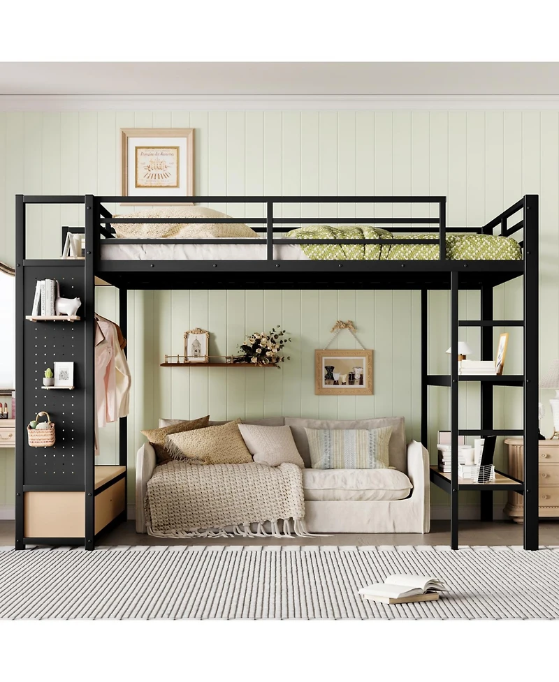 Streamdale Queen Loft Bed Frame with Wardrobe & Storage Shelves, Black